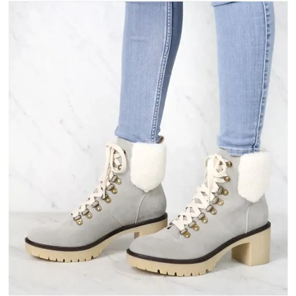 Oasis Society Gray Faux Suede Lace Up Chunky Heel Combat Military Boots 10 - Picture 1 of 14
